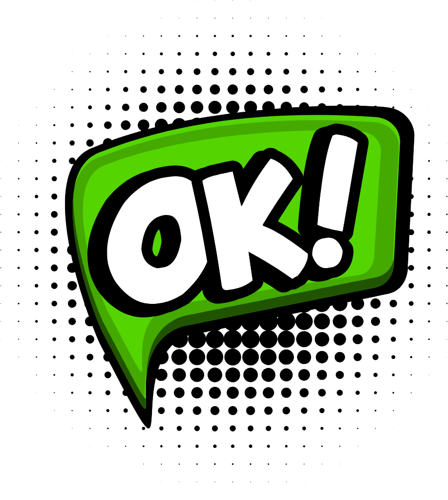 A green speech bubble with the word ok in it.